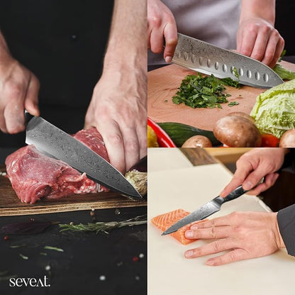 Damascus Kitchen Knife Set | 67-Layer Damascus Steel | Professional Set: 13” Chef, 12.3” Santoku & 9.8” Utility Knife | Ergonomic Wood & Resin Handle | Gift Box Included (Black, 3-Piece Set)