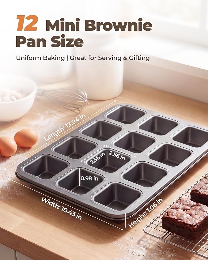 Bake Choice Square Brownie Pan with Dividers, Non Stick Carbon Steel Baking Tray, All Edges Brownie Bite Pan, 1 Pack 12 Cavity, for Individual Brownies, Cupcakes, Muffins, Cookies, Bread