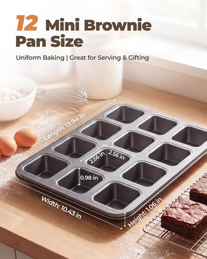 Bake Choice Square Brownie Pan with Dividers, Non Stick Carbon Steel Baking Tray, All Edges Brownie Bite Pan, 1 Pack 12 Cavity, for Individual Brownies, Cupcakes, Muffins, Cookies, Bread