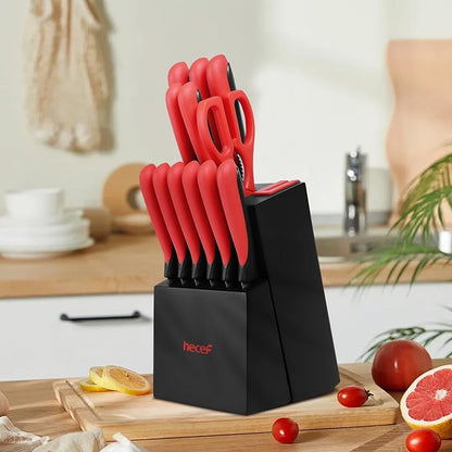 hecef 14 Pieces Kitchen Knife Set with Built-in Sharpening Wooden Block, Dishwasher Safe, High Carbon Stainless Steel Knife Block Set with Steak Knives, Kitchen Scissors (Red)