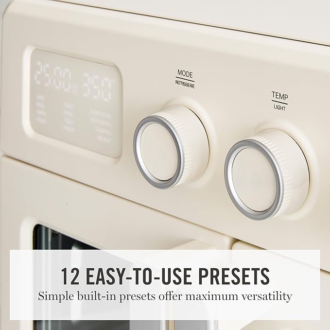 Martha Stewart French Door Air Fryer Toaster Oven Combo, 34QT Countertop Convection, 12-in-1, Bake, Broil, Roast, Fits 12” Pizza, Dehydrate, 5 Accessories, Air Fry Basket, Stainless Steel, Linen Cream
