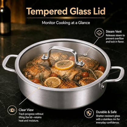 DELARLO Stainless Steel Pans,6QT Saute Pan,12 inch Everyday Pan with Lid,Dishwasher-Friendly Braiser,Stay-Cool Handles,Oven-Safe Up to 660℉