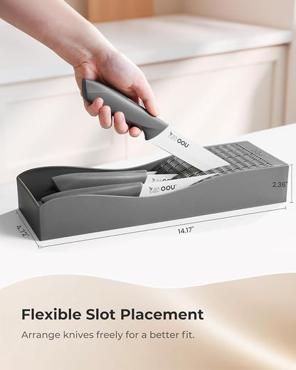 OOU In-Drawer Kitchen Knife Set, Space-Saving Cutlery and Kitchen Organizer, Includes Chef, Bread, Santoku, Utility and Paring Knives, 6-Piece Knives Sets, Gray