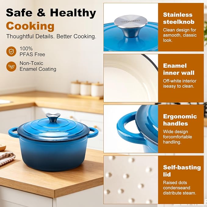 Enameled Cast Iron Dutch Oven - 4QT Pot with Lid,Oven Safe to 500°F,Heavy-Duty Cookware for Sourdough Bread Baking,Braising,Stews,Roasting Blue