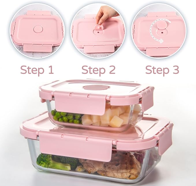 Glass Meal Prep Containers 10 Pack, Food Storage Containers with Snap Locking Lids Airtight Built in Air Vents, Glass Containers for Lunch, Microwave/Dishwasher Safe, Pink