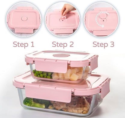 Glass Meal Prep Containers 10 Pack, Food Storage Containers with Snap Locking Lids Airtight Built in Air Vents, Glass Containers for Lunch, Microwave/Dishwasher Safe, Pink