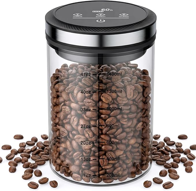 GVODE Airtight Coffee Canister with Digital Timer Display, 1.6L Borosilicate Glass Coffee Storage Container - Vacuum Sealed, 4500Hr Freshness Lock, for Beans, Grounds, Tea, BPA Free, Dishwasher Safe