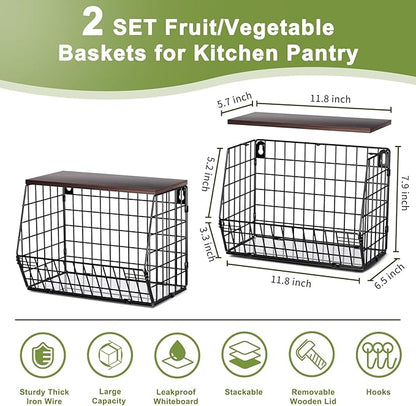 Wawocs Fruit Basket for Kitchen Counter 2 Tier Fruit Bowl, Stackable Wall Mounted Hanging Fruit Basket Wire Baskets with Wood Lid with 4 Banana Hanger Hooks, Onion Basket, Fruit and Vegetable Storage