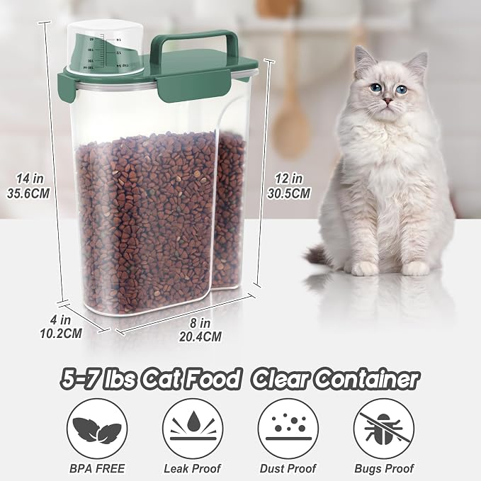 LEAWALK 5-7lbs Cat Dog Storage Container Portable with Upgraded Large Spout and Cup, Plastic Pet Food Dispenser BPA-Free for Small Animal Kibble, Bird Seed, Oatmeal, Rice, Flour-2Pack Dark Green