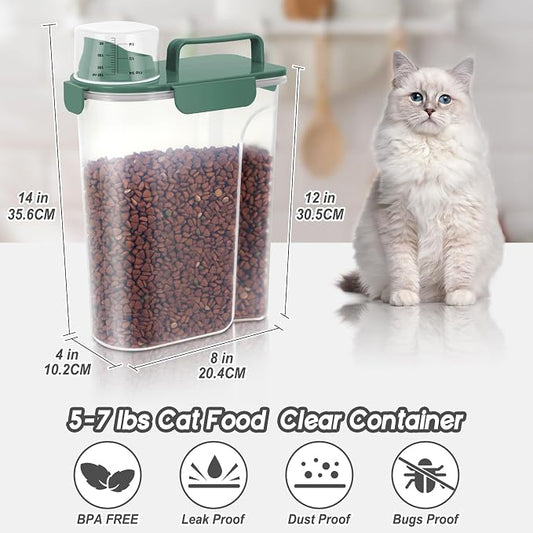 LEAWALK 5-7lbs Cat Dog Storage Container Portable with Upgraded Large Spout and Cup, Plastic Pet Food Dispenser BPA-Free for Small Animal Kibble, Bird Seed, Oatmeal, Rice, Flour-2Pack Dark Green