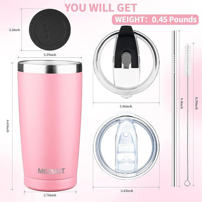 MEZMUT 20oz Tumbler Coffee Travel Mug with Daul Lid and Straw, Stainless Steel Double Wall Vacuum Spill Proof Insulated Tumbler, Hot or Iced Coffee Cups for Drinks (1Pack, Light Pink)