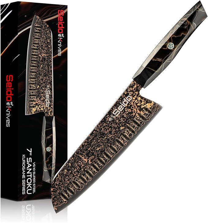 Kurogane 7-Inch Santoku Knife | VG-10 Damascus Steel | Granton Edge | G10 & Copper Handle