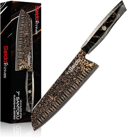 Kurogane 7-Inch Santoku Knife | VG-10 Damascus Steel | Granton Edge | G10 & Copper Handle