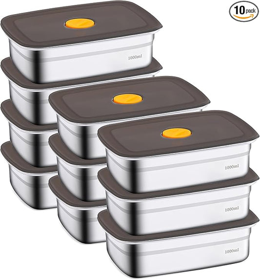 10 Pack Stainless Steel Food Storage Containers with Airtight Leak-Proof Lids, 34oz Reusable Meal Prep Lunch Boxes, Freezer & Dishwasher Safe Metal Containers for Leftovers & Snacks