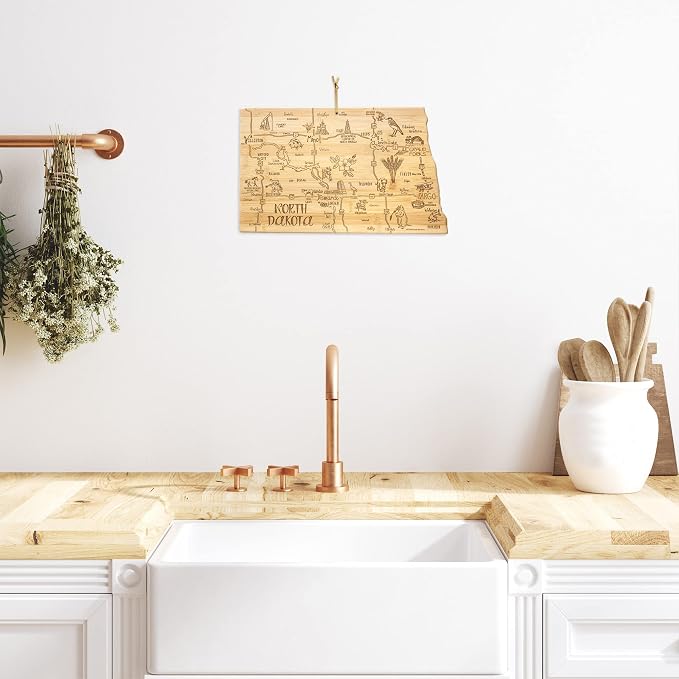 Totally Bamboo Destination North Dakota State Shaped Serving and Cutting Board, Includes Hang Tie for Wall Display