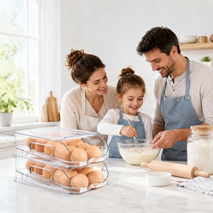 SMRCAD Egg Holder for Fridge, Automatic Steady Rolling Egg Container with Soft Bumpers & Handle for Refrigerator, Stackable Fridge Organizers and Storage with Lid
