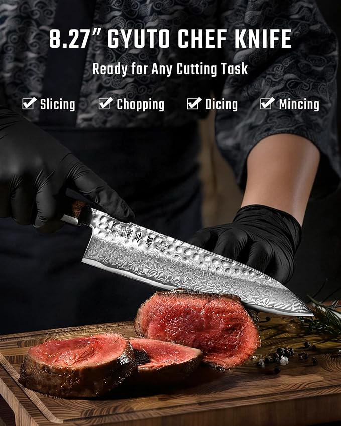 kanngou VG10 Damascus Chef Knife, 8.27 Inch Gyuto Knife with Rose Wood Handle and 67 Layers Damascus Steel, Japanese Kitchen Knife with Premium Gift Box