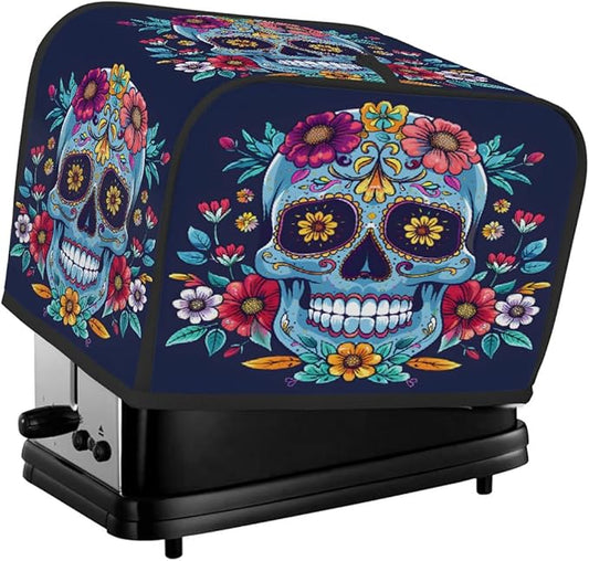 Flower Blue Skull Toaster Cover 2 Slice Wide Slot Washable Kitchen Appliance Covers Fingerprint Bread Machine Dust Cover Small Toaster Oven Accessories Covers Bread Maker Bag Women Gift