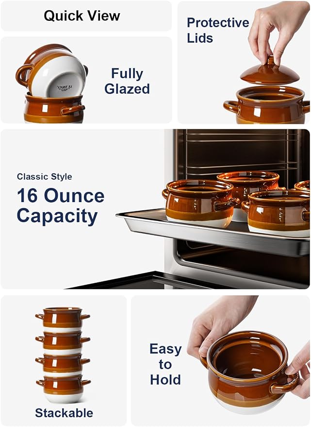 LE TAUCI French Onion Soup Bowls with Lids, 16 oz Ceramic Soup Crocks with Handles, Oven/Microwave/Dishwasher Safe, Set of 4 – From Oven to Table for French Onion, Chili, Pot Pies