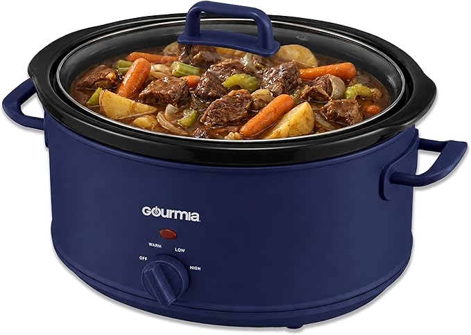 Gourmia Slow Cooker - 7 Quart Removable Ceramic Pot, Manual Controls with 3 Temperature Settings, Dishwasher Safe Crock and Glass Lid, Navy