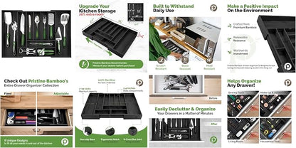 Pristine Bamboo Silverware Organizer - Expandable Kitchen Drawer Organizer - Adjustable Kitchen Drawer Organizer for Utensils, Expandable to 25 Inches Wide, 10 Slots - Black