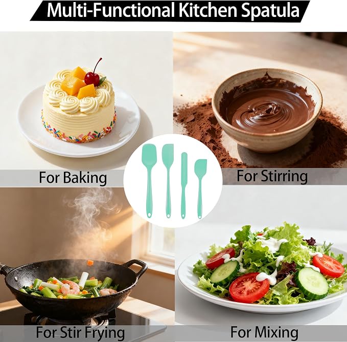 Silicone Spatula Set, Food Grade Rubber Spatula, 4 Pcs Heat Resistant Silicone Spatulas, One Piece Design Non-Stick Kitchen Utensils for Cooking, Stirring, Baking & Mixing, Dishwasher Safe (Green)