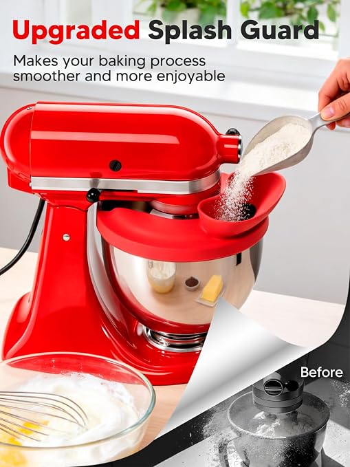 Silicone Kitchen Aid Splash Guard for Stand Mixer & Tilt Head Mixer, 4.5-5QT Mixing Bowl Pouring Shield & Flour Funnel, Kitchen Aid Accessories and Attachments - (Red)