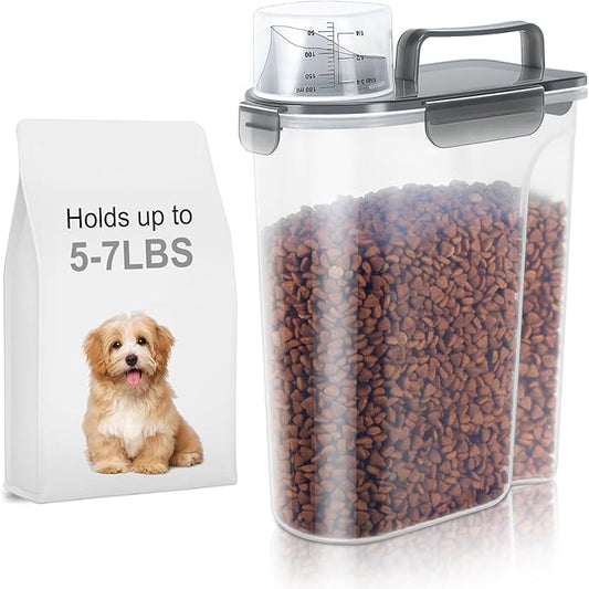 LEAWALK 5-7Lbs Dog Cat Food Storage Container with Upgraded Large Nozzle BPA-free, 4 Snap Seals Plastic Pet Food Storage Containers with Handles (Clear Black, 5L-1pack)