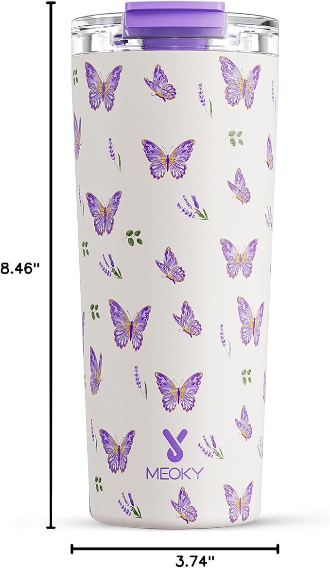 Meoky 24 oz Travel Coffee Mug with Leak-proof Lid, Stainless Steel Insulated Coffee Tumbler, Keeps Hot for 8 Hours or Cold for 24 Hours, Fits in Car Cup Holder (Butterfly)
