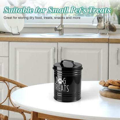 OUTNILI Small Dog Treat Container Airtight - 6" Tall X 4.9" Round Black Dog Treat Jar for Kitchen Counter - Rustic Treat Storage Canister for Dogs, Cats, Small Animals - Gifts for Pet Owners