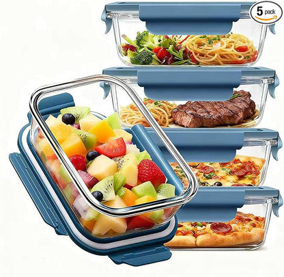 Glass Meal Prep Containers 5 Pack,Three Sizes Airtight Glass Lunch Containers, Glass Food Storage Containers with Lids, for Microwave, Oven, Freezer & Dishwasher Friendly(Sea Blue)