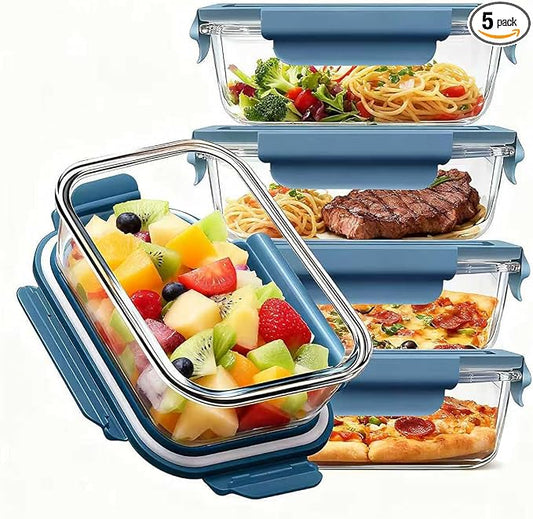 Glass Meal Prep Containers 5 Pack,Three Sizes Airtight Glass Lunch Containers, Glass Food Storage Containers with Lids, for Microwave, Oven, Freezer & Dishwasher Friendly(Sea Blue)