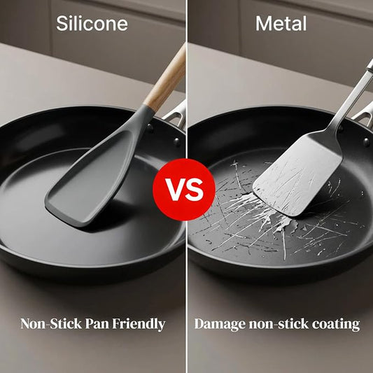 Silicone Cooking Spoon & Spoonula Spatula for Nonstick Cookware, Heat Resistant 600°F Kitchen Utensil, BPA-Free Food-Grade, Solid Wood Handle, Serving Scraping Scooping Stirring （Two black ones）