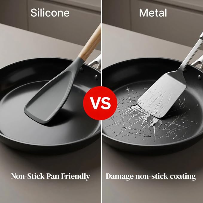 Silicone Cooking Spoon & Spoonula Spatula for Nonstick Cookware, Heat Resistant 600°F Kitchen Utensil, BPA-Free Food-Grade, Solid Wood Handle, Serving Scraping Scooping Stirring (Black & Red,)