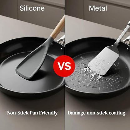 Silicone Cooking Spoon & Spoonula Spatula for Nonstick Cookware, Heat Resistant 600°F Kitchen Utensil, BPA-Free Food-Grade, Solid Wood Handle, Serving Scraping Scooping Stirring (Black & Red,)
