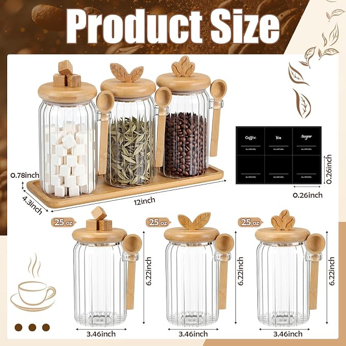 Suclain 3 Pcs Glass Coffee Container with Bamboo Color Lid & Spoon, 25 oz Airtight Glass Jar with Wooden Shelf, Food Storage Containers Coffee Jar Tea Container(Bamboo Color)