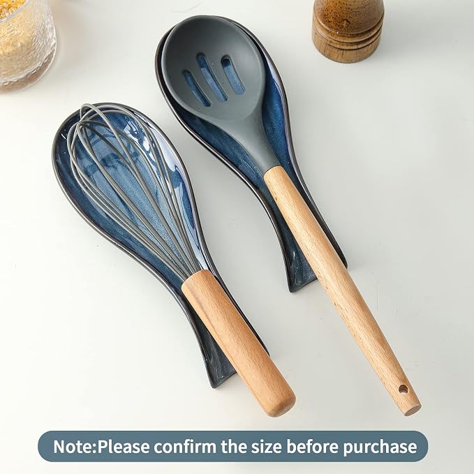 Hasense Ceramic Spoon Rest for Stove Top, Spatula Holders for Ladles and Tongs, Porcelain Spoon Holder Set of 2 for Kitchen Counter Cooking Utensil Home Decor, Housewarming Gift, Navy