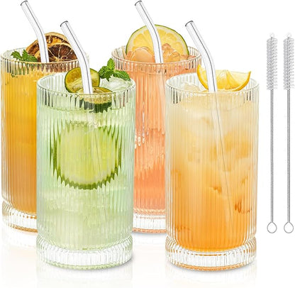 KEMORELA Vintage Ribbed Glassware Set, 16oz XL Drinking Glasses With Straws, Ribbed Glassware Set of 4, Glass Cups, Iced Coffee Cups Ideal for Whiskey, Cocktail, Iced Coffee, Juice, Beer, Soda