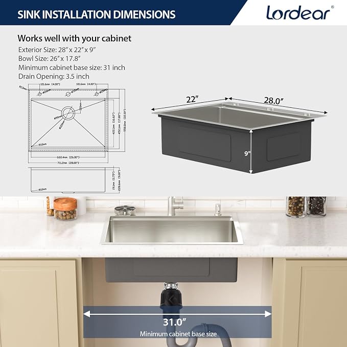 Lordear 28 Inch Drop In Kitchen Sink with Faucet 16 Gauge Stainless Steel Single Bowl 28x22x9 Topmount Kitchen Sink with Glass Rinser Workstation Sinks with Soap Dispenser