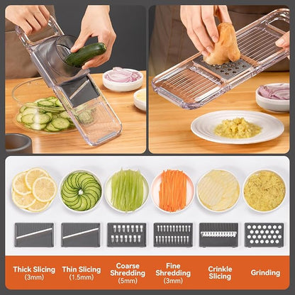 KEOUKE Transparent Multifunctional Mandoline Slicer with Large Strainer - 6 Blades Interchangeable, Handheld Vegetable Cutter with Hand Guard for Kitchen, Onion, Garlic, Safe Food Slicer