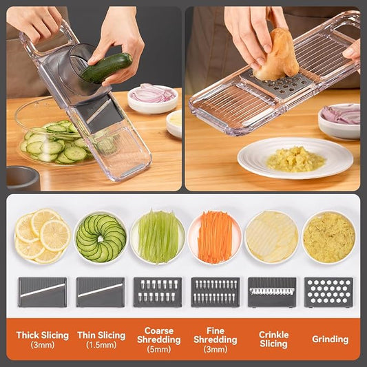 KEOUKE Transparent Multifunctional Mandoline Slicer with Large Strainer - 6 Blades Interchangeable, Handheld Vegetable Cutter with Hand Guard for Kitchen, Onion, Garlic, Safe Food Slicer