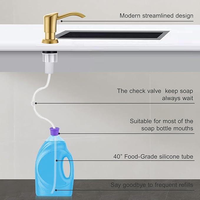 GAGALIFE Built in Counter Soap Dispenser for Kitchen Sink and Soap Dispenser Extension Tube, Anti-Leakage Upgrade with 40" Soap Tube No More Top Refill, Brushed Gold