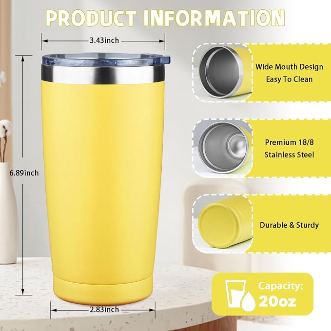 20 oz Tumbler with Lids and Straws, Stainless Steel Insulated Coffee Tumbler, Double Wall Vacuum Insulated Travel Mug Cup, Leakproof Thermal Coffee Cup for Hot and Cold Drinks (Yellow)