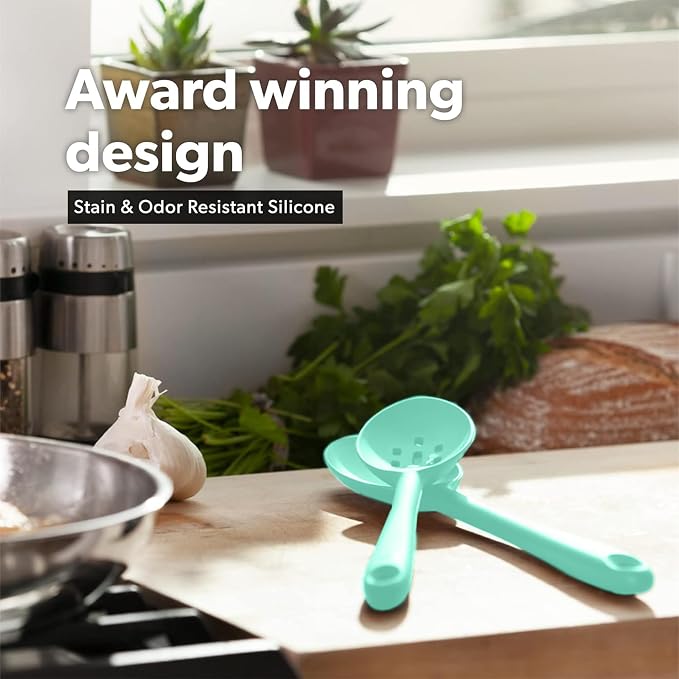 DI ORO Silicone Ladle & Spoons for Cooking – Large Kitchen Spoons for Mixing, Serving, & Stirring - Soup Ladle with Wide Bowl - High Heat Silicone Kitchen Utensils for Nonstick Cookware Safe (Mint)