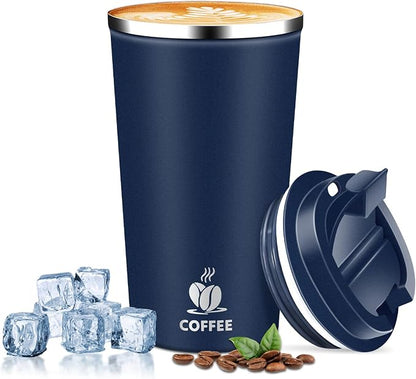 Insulated Travel Coffee Mug Reusable Coffee Tumbler Cup with Flip Lid Leak Proof Spill Proof for Office School Party Camping Hot and Cold Drink,Stainless Steel 17oz (Navy Blue)