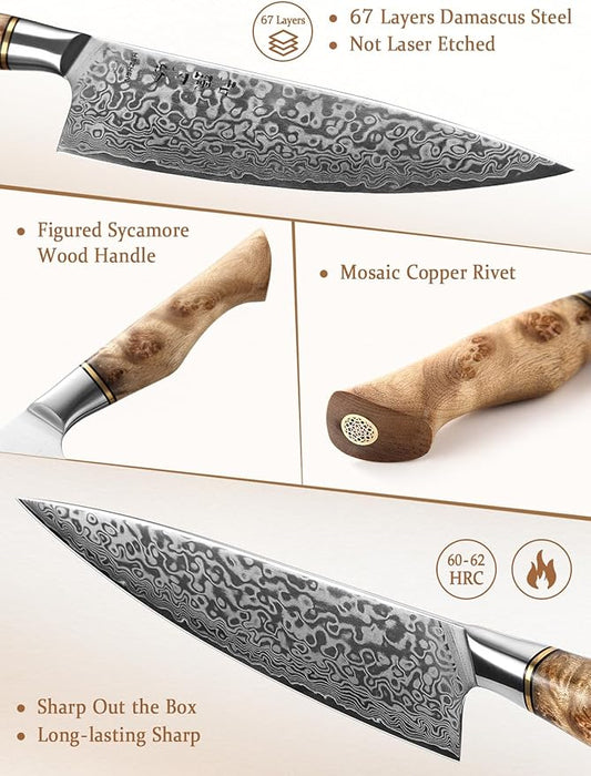 HEZHEN Damascus Chef Knife, 8.3 Inches | 67 Layers Damascus Steel, VG10 Gyuto Knife, Master Series, Figured Sycamore Wood Handle, Razor-Sharp Blade