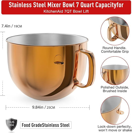 7QT Stainless Steel Mixer Bowl for Kitchenaid Stand Mixers, Kitchen Aid Mixing Bowl for 7QT Lift Mixer with Handle Copper