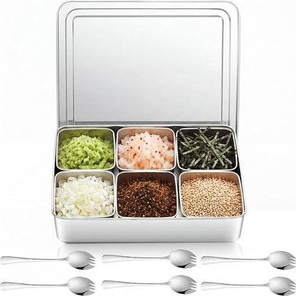 Boao 6 Compartment 304 Yakumi Pans Stainless Steel Seasoning Condiment Container with Lids Spoons, Japanese Yakumi Pans Mini Sauces Salad Dressings Storage for Food, Herbs, Spices