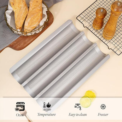 Baguette Pans for Baking 15" x 11", 3 Loaf Carbon Steel French Bread Pan Nonstick Perforated Baguette Baking Tray Silver
