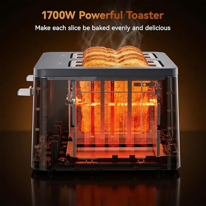 Mecity 4 Slice Touchscreen Toaster, 6 Bread Modes & 6 Browning Levels, Dual Touch Control Wide Slot Stainless Steel Electric Toaster with Memory, Defrost, 3-Min Auto Shutoff for White, Bagels, Waffles